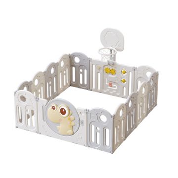 Gardulet loc de joaca pentru copii Nichiduta Garden Grey Dinosaur pliabil si portabil, de interiorexterior, compus din 14 panouri de gard + 2 panouri laterale, inalt 61cm, Cos de baschet si angrenaje rotative