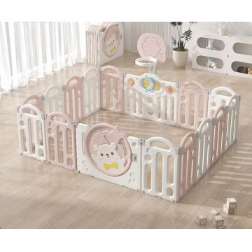 Gardulet loc de joaca pentru copii Nichiduta Garden Pink Bear, pliabil si portabil, de interiorexterior, compus din 14 panouri de gard + 2 panouri laterale cu Cos de baschet si angrenaje rotative