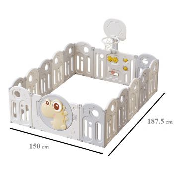 Gardulet loc de joaca pentru copii Nichiduta Garden Pink Dinosaur pliabil, portabil, de interiorexterior, compus din 14 panouri de gard + 2 panouri laterale, cos de baschet, usa cu blocare, inalt 61 cm