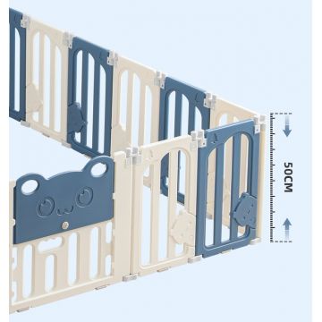 Gardulet loc de joaca pentru copii, Nichiduta Garden Small Bear Blue, pliabil si portabil, de interiorexterior, compus din 16 panouri de gard + 2 porti semi-mobile, inaltime 50 cm, dimensiune montat 150 x 154 x 50cm