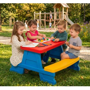 Masuta de picnic pentru 4 copii Dohany Picnic Albastru, utilizare interiorexterior, plastic rezistent UV, margini rotunjite, sarcina maxima 50kg