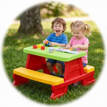 Masuta de picnic pentru 4 copii Dohany Picnic Rosu, utilizare interiorexterior, plastic rezistent UV, margini rotunjite, sarcina maxima 50kg