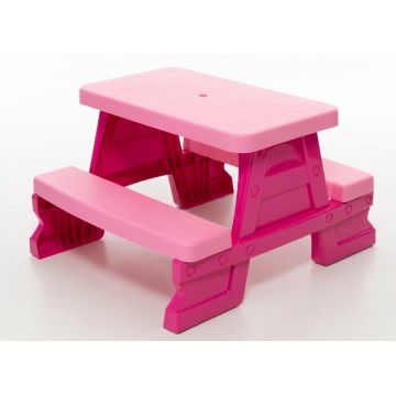 Masuta de picnic pentru 4 copii Dohany Picnic Roz, utilizare interiorexterior, plastic rezistent UV, margini rotunjite, sarcina maxima 50kg