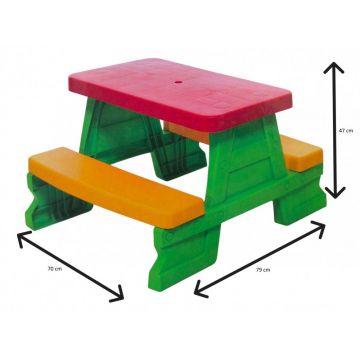 Masuta de picnic pentru 4 copii Dohany Picnic Verde, utilizare interiorexterior, plastic rezistent UV, margini rotunjite, sarcina maxima 50kg