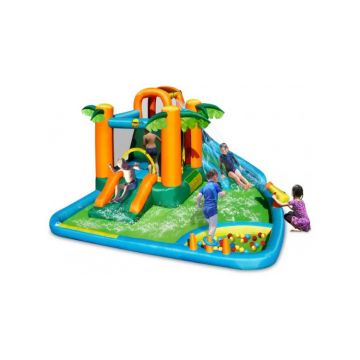 Saltea gonflabila oasis 7 in 1, cu loc de joaca cu bile, tun cu apa, spatiu de catarat, doua tobogane, 30 bile plastic inlcuse