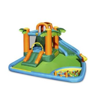 Saltea gonflabila oasis 7 in 1, cu loc de joaca cu bile, tun cu apa, spatiu de catarat, doua tobogane, 30 bile plastic inlcuse