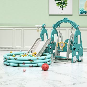 Spatiu de joaca 3 in 1 Nichiduta Garden Happy Turtle Arcada Blue cu Leagan convertibil, Tobogan cu trepte late, Margini rotunjite, Piscina cu 200 bile joaca incluse, Cos de baschet cu Minge