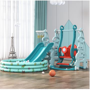 Spatiu de joaca Nichiduta Garden Tower Blue 3in1 cu tobogan, leagan cu bara de protectie detasabila, jucarie muzicala, Cos de baschet, Minge si piscina cu 200 bile incluse