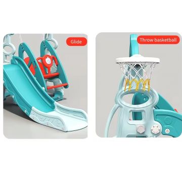 Spatiu de joaca 3 in 1 Nichiduta Garden Tower Arcada Blue cu Leagan convertibil, Tobogan cu trepte late, Margini rotunjite, Piscina cu 200 bile joaca incluse, Cos de baschet cu Minge