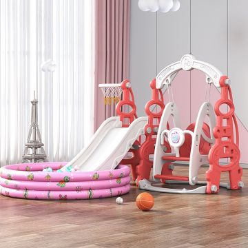 Spatiu de joaca 3 in 1 Nichiduta Garden Tower Arcada Red cu Leagan convertibil, Tobogan cu trepte late, Margini rotunjite, Piscina cu 200 bile joaca incluse, Cos de baschet cu Minge