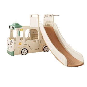 Spatiu de joaca 3 in 1 Nichiduta Garden Happy Bus White cu tobogan, cos de baschet, 190 x 210 x 116 cm