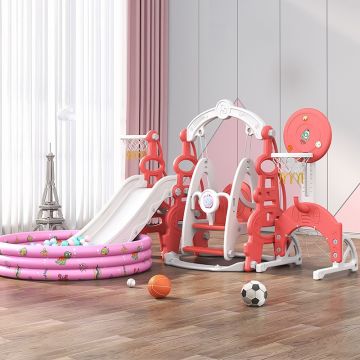 Spatiu de joaca 4in1 Nichiduta Garden Tower Arcada Red cu leagan convertibil si bara detasabila, tobogan cu trepte late, margini rotunjite si Piscina cu 200 bile joaca incluse