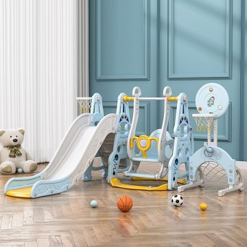 Spatiu de joaca 4in1 Nichiduta Garden Astronaut Blue cu tobogan, leagan cu bara de protectie detasabila, jucarie muzicala, cos de baschet cu inaltime reglabila, minge si poarta de fotbal