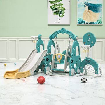 Spatiu de joaca 4in1 Nichiduta Garden Happy Turtle Arcada Blue cu Tobogan, Leagan cu bara de protectie detasabila, Jucarie muzicala, Cos de baschet cu inaltime reglabila, Minge si Poarta de fotbal