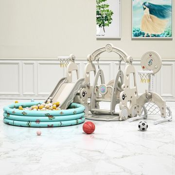 Spatiu de joaca 4 in 1 Nichiduta Garden Happy Turtle Arcada Beige cu tobogan, leagan cu bara de protectie detasabila, jucarie muzicala, cos de baschet, minge, poarta de fotbal, piscina cu 200 bile