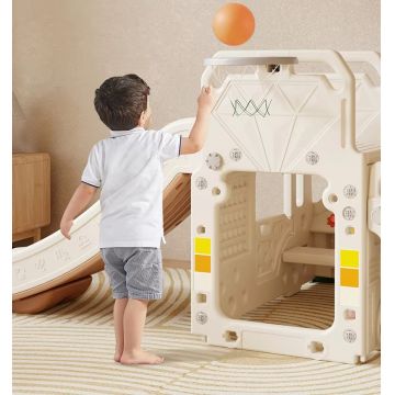 Spatiu de joaca 4 in 1 Nichiduta Happy Bus White cu saltea impermeabila din spuma, Leagan convertibil, Tobogan cu manere si trepte antiderapante, Cos de baschet