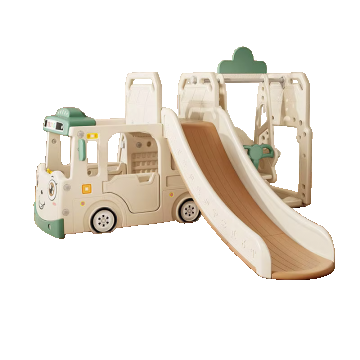 Spatiu de joaca 4 in 1 Nichiduta Happy Bus White cu saltea impermeabila din spuma, Leagan convertibil, Tobogan cu manere si trepte antiderapante, Cos de baschet
