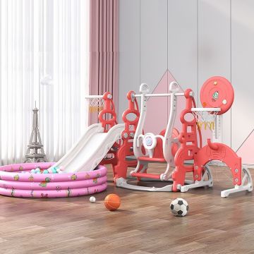 Spatiu de joaca 4in1 Nichiduta Garden Tower Red cu tobogan, leagan cu bara de protectie detasabila, jucarie muzicala, cos de baschet, minge, poarta de fotbal si piscina cu 200 bile incluse