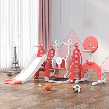 Spatiu de joaca 4in1 Nichiduta Garden Tower Red cu tobogan, leagan cu bara de protectie detasabila, jucarie muzicala, cos de baschet, minge, poarta de fotbal si piscina cu 200 bile incluse