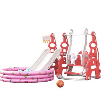 Spatiu de joaca copii 3in1 Nichiduta Garden Tower Red interiorexterior cu tobogan, leagan cu bara de protectie detasabila, jucarie muzicala, cos de baschet si minge inclusa, piscina si bile