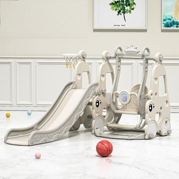 Spatiu de joaca Nichiduta Garden Happy Turtle Beige cu Leagan convertibil si Suport picioare, Tobogan cu trepte late, Margini rotunjite si Cos de baschet cu minge inclusa