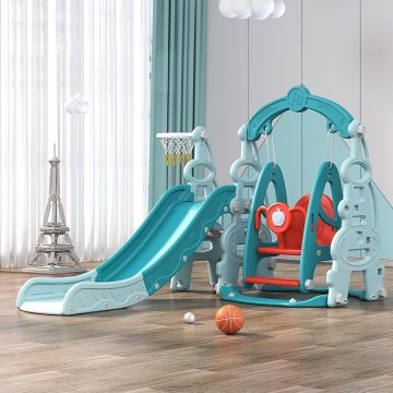 Spatiu de joaca copii3in1 Nichiduta Garden Tower Arcada Blue interiorexterior cu tobogan, leagan cu bara de protectie detasabila, jucarie muzicala, cos de baschet si minge inclusa