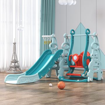 Spatiu de joaca Nichiduta Garden Tower II Blue cu Leagan convertibil, Tobogan cu trepte late, Margini rotunjite, Cos de baschet cu minge inclusa