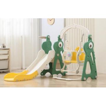 Spatiu de joaca pentru copii 3in1 Nichiduta Garden Green Dinosaur interiorexterior cu tobogan, leagan cu bara de protectie detasabila, jucarie muzicala, cos de baschet, dimensiune 150 x 135 x 116 cm
