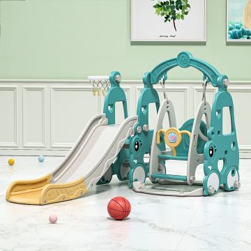 Spatiu de joaca pentru copii 3in1 Nichiduta Garden Happy Turtle Arcada Blue interiorexterior cu tobogan, Leagan cu bara de protectie detasabila, jucarie muzicala, cos de baschet si minge inclusa