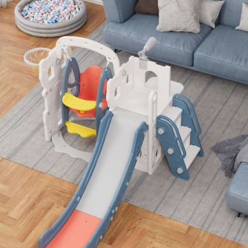 Spatiu de joaca pentru copii 3in1 Nichiduta Garden White de interiorexterior, cu platforma, tobogan, leagan cu bara de protectie detasabila, cos de baschet