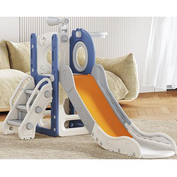 Spatiu de joaca pentru copii Nichiduta Garden bluewhite, de interiorexterior, cu tobogan, balustrada de sustinere, treptele late, dimensiune 153 x 67 x 80 cm