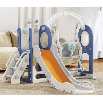 Spatiu de joaca pentru copii Nichiduta Garden bluewhite, de interiorexterior, Leagan muzical cu masuta, tobogan, treptele de acces, balustrade laterale de sustinere, 150 x 170 x 110 cm