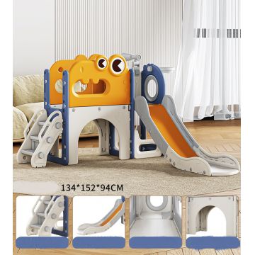 Spatiu de joaca pentru copii Nichiduta Garden bluewhite de interiorexterior, tobogan cu rampa de alunecare lina, balustrade de sustinere, cu scari, robust si stabil, dimensiune 134 x 152 x 94 cm