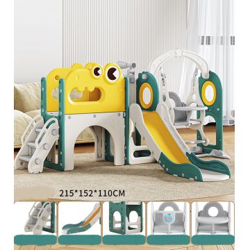 Spatiu de joaca pentru copii Nichiduta Garden greenwhite, de interiorexterior, cu leagan, scari de acces si tobogan, cadru stabil si robust, dimensiune 215 x 152 x 110 cm