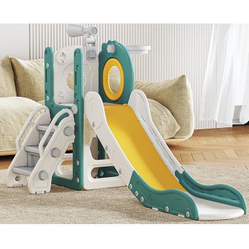 Spatiu de joaca pentru copii Nichiduta Garden greenwhite, de interiorexterior, cu tobogan, balustrada de sustinere, treptele late, dimensiune 153 x 67 x 80 cm