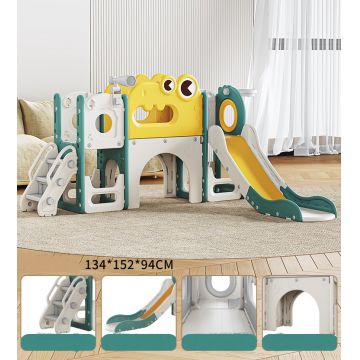 Spatiu de joaca pentru copii, Nichiduta Garden greenwhite, de interiorexterior, cu tobogan, cos de baschet, balustrada de sustinere, treptele late, dimensiune 134 x 152 x 94 cm