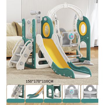 Spatiu de joaca pentru copii Nichiduta Garden greenwhite, de interiorexterior, cu tobogan, treptele de acces, balustrade laterale de sustinere, dimensiune 150 x 170 x 110 cm