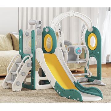 Spatiu de joaca pentru copii Nichiduta Garden greenwhite, de interiorexterior, Leagan muzical cu masuta, tobogan, treptele de acces, balustrade laterale de sustinere, 150 x 170 x 110 cm