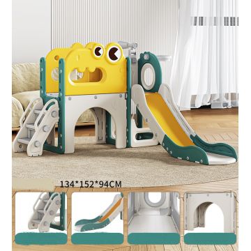 Spatiu de joaca pentru copii Nichiduta Garden greenwhite de interiorexterior, tobogan cu rampa de alunecare lina, balustrade de sustinere, cu scari, robust si stabil, dimensiune 134 x 152 x 94 cm