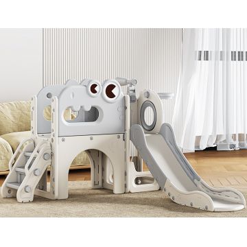 Spatiu de joaca pentru copii Nichiduta Garden greywhite de interiorexterior, tobogan cu rampa de alunecare lina, balustrade de sustinere, cu scari, robust si stabil, dimensiune 134 x 152 x 94 cm