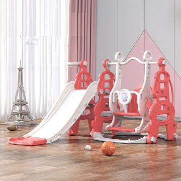 Spatiu de joaca pentru copii Nichiduta Garden Tower Red interiorexterior 3in1 cu tobogan, leagan cu bara de protectie detasabila, jucarie muzicala, cos de baschet si mingie inclusa