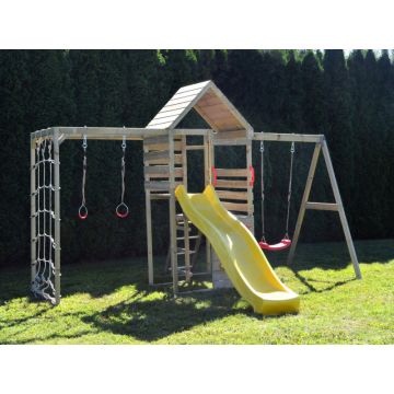 Turn de joaca cu 2 platforme, panou de catarare, tobogan, leagan si modul de gimnastica, Wendi Toys